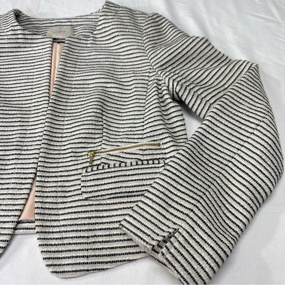 Womens Black & Light Cream Tweed Striped Crop Boxy Fit Blazer Suit Jacket Size 8 - Picture 6 of 15